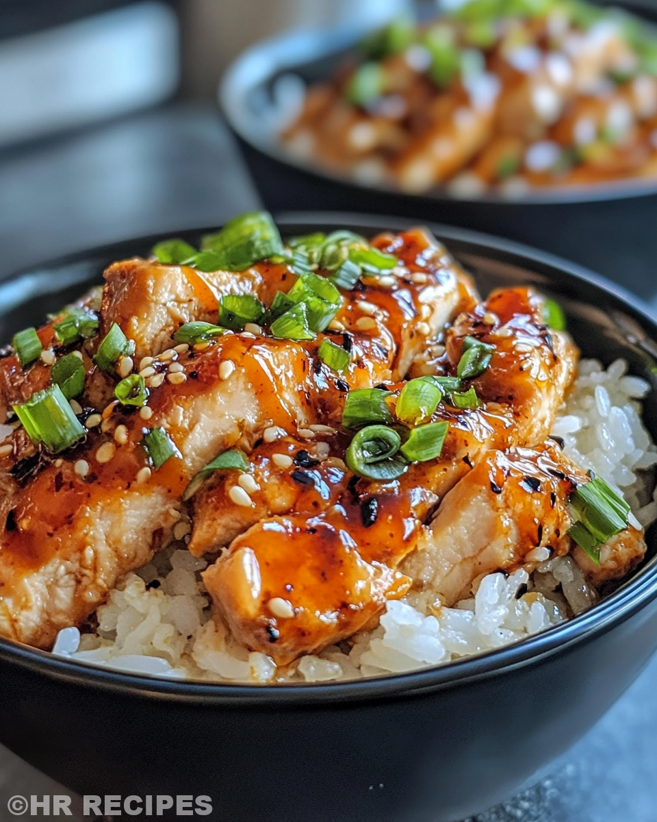Finished sweet chili chicken rice bowl served and ready to eat