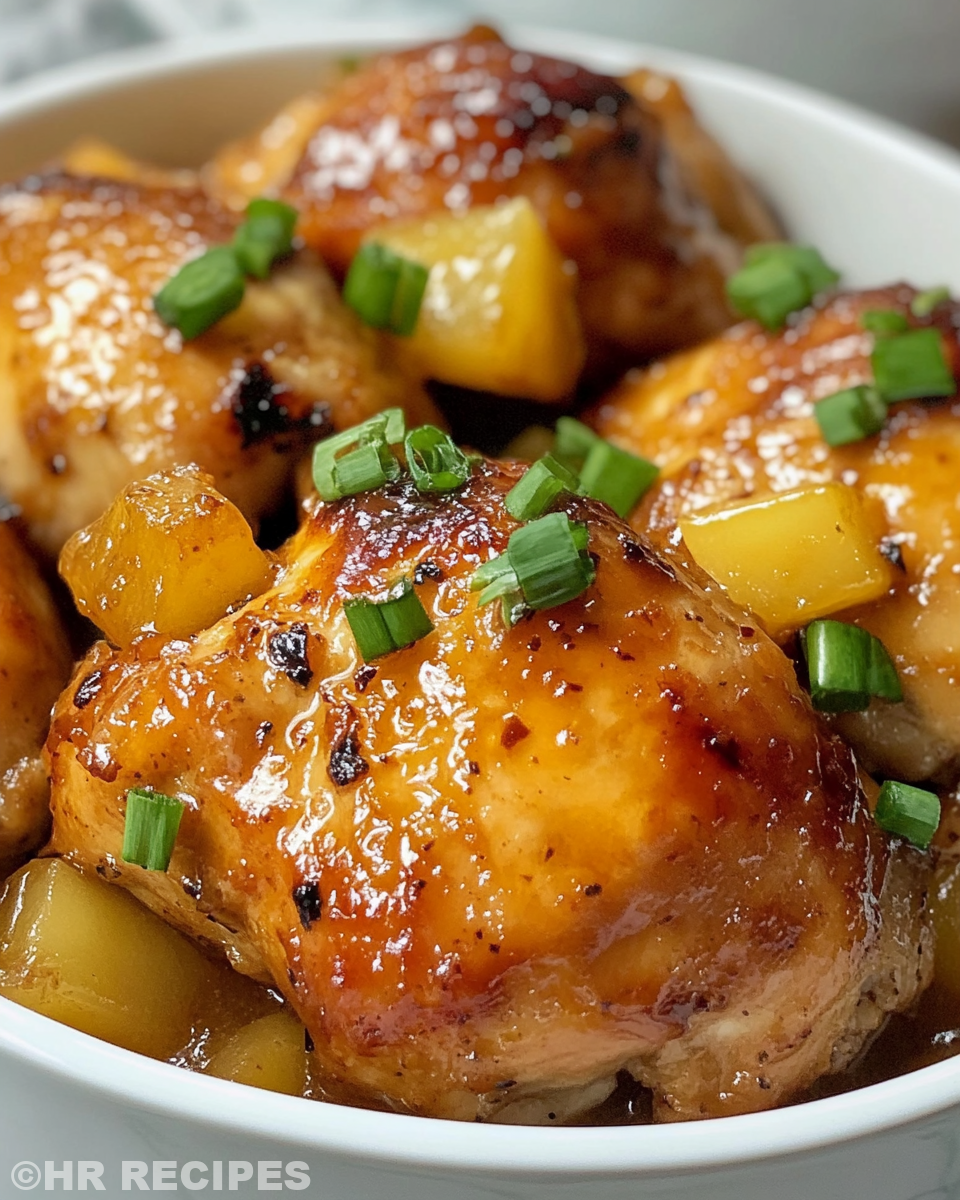 Sweet Hawaiian Chicken served over rice garnished with green onions and sesame seeds