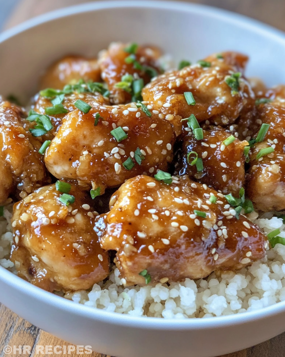 Serving of finished sweet Hawaiian crockpot chicken garnished with green onions and sesame seeds