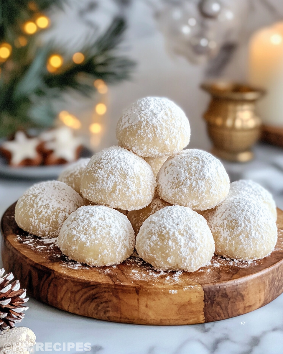 Finished sweetened condensed milk snowball cookies rolled in icing sugar on plate