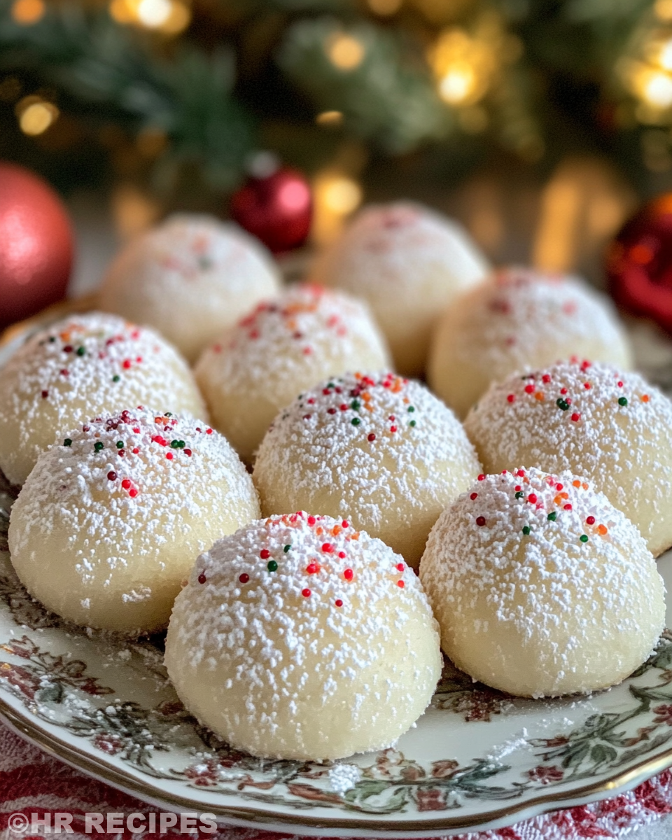 Final sweetened condensed milk snowball cookies ready to serve with sugar dusting