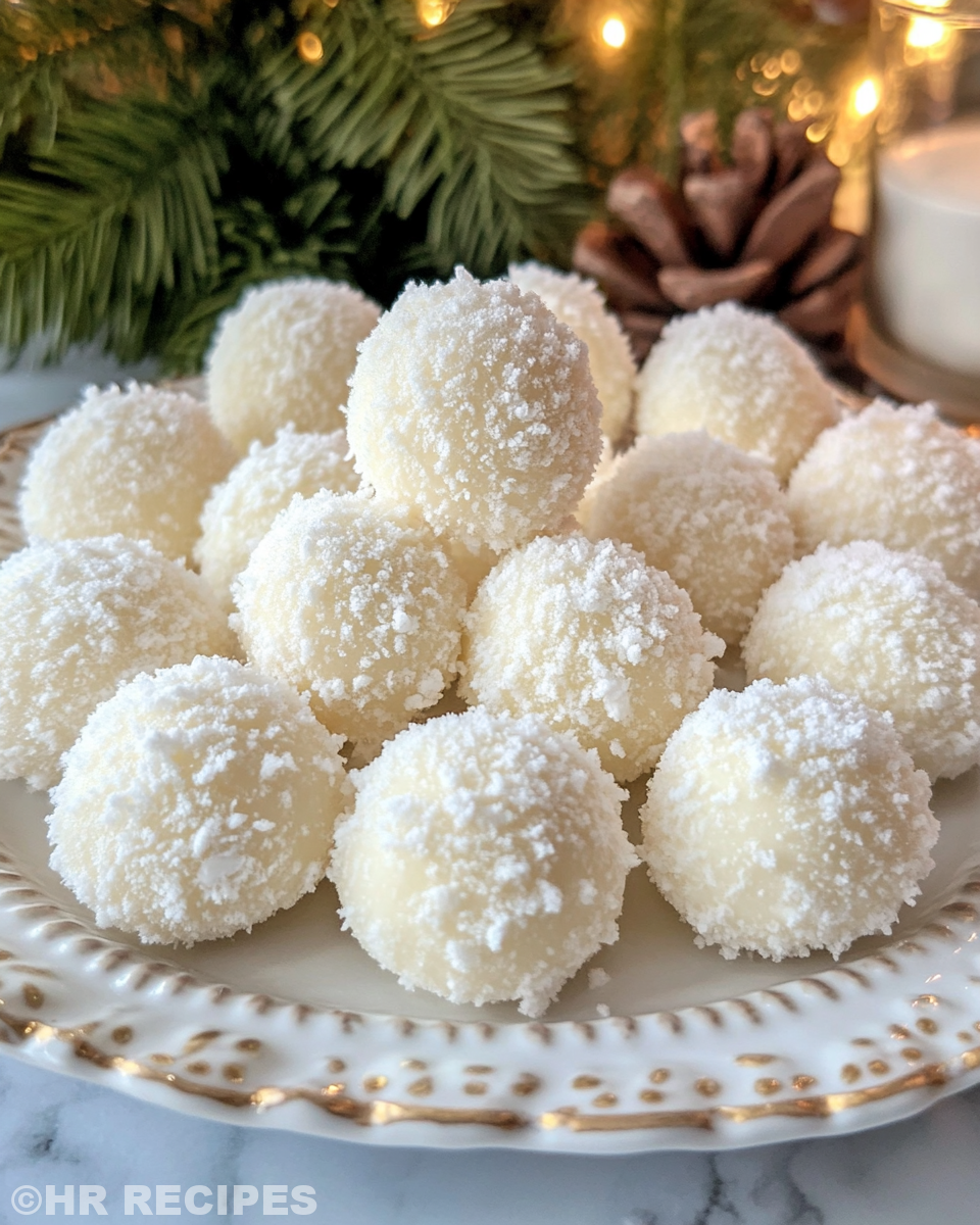 Close-up of powdered sugar dusted sweetened condensed milk snowball cookies on cooling rack