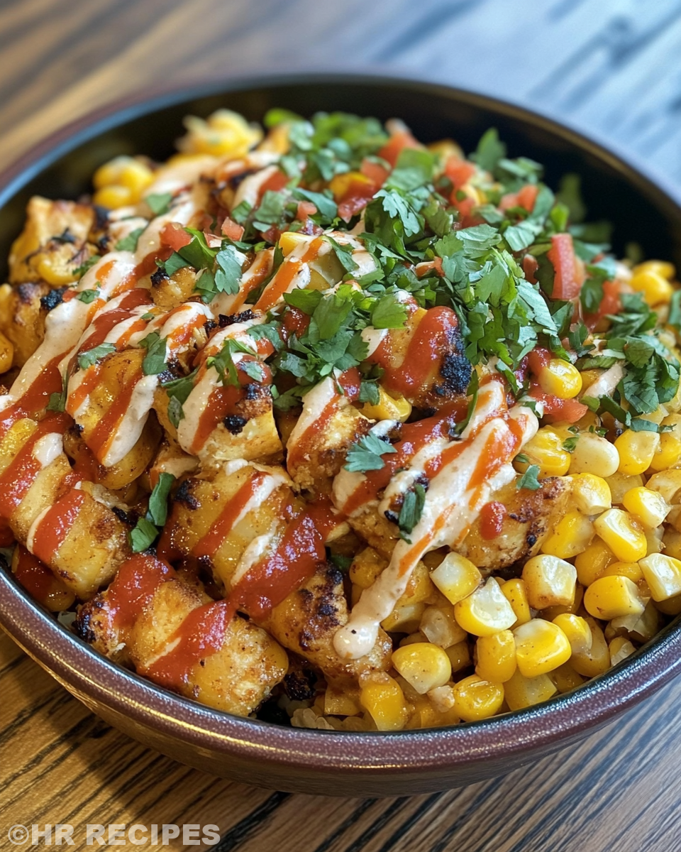 Final plated street corn chicken bowl with toppings and sauce