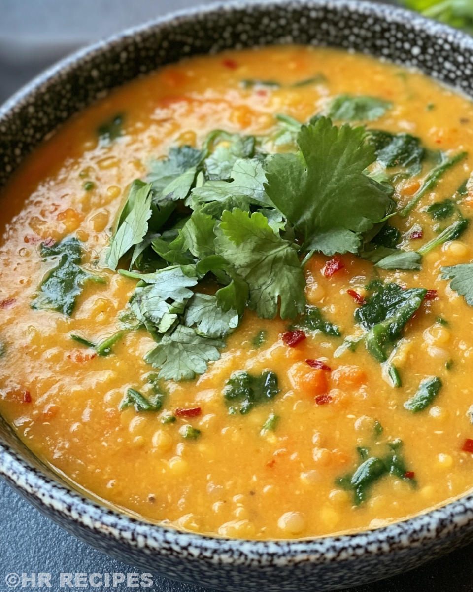 Bowl of Thai coconut red lentil soup garnished and ready to serve
