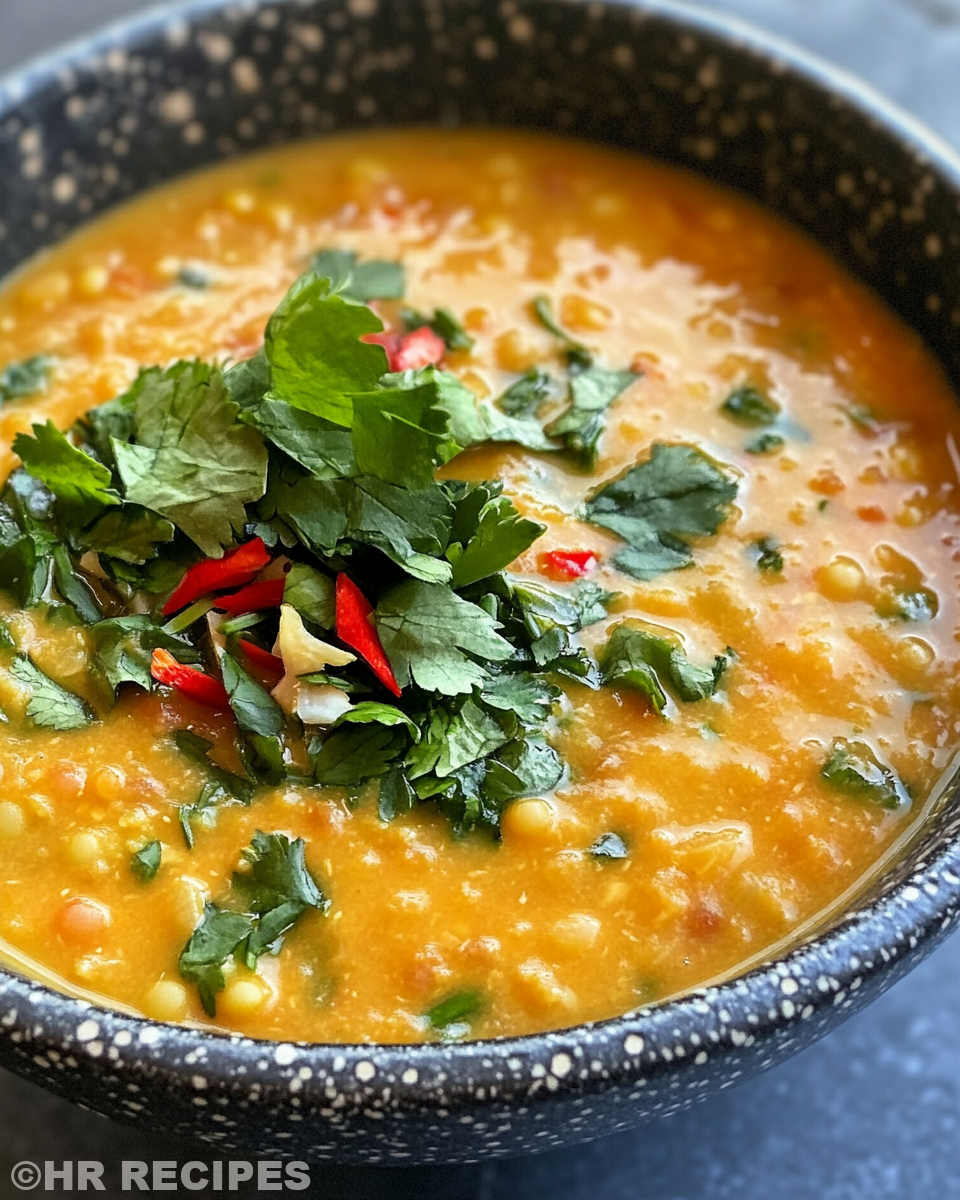 Steaming Thai coconut red lentil soup in pressure cooker with aromatic spices