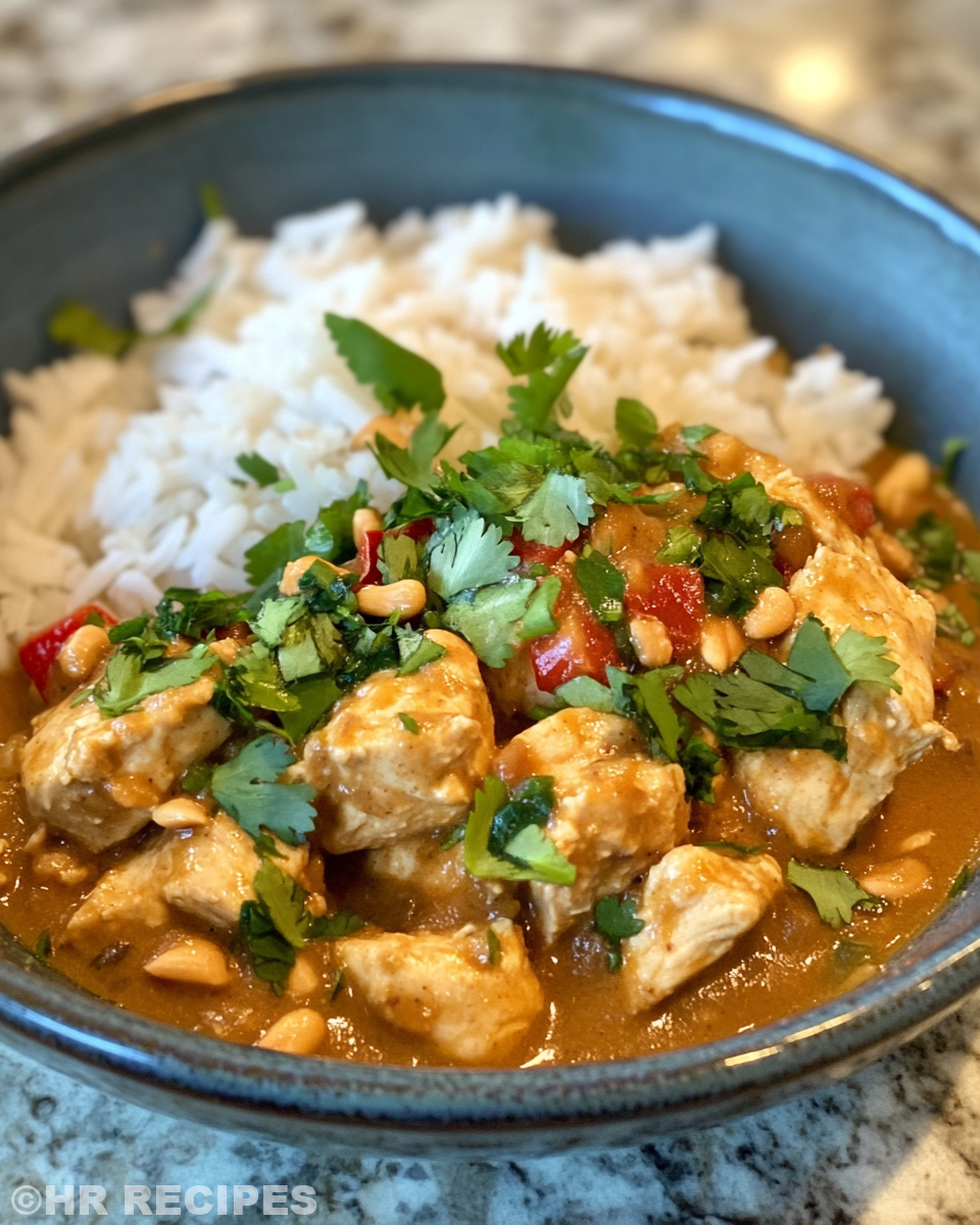 Served pressure cooker peanut chicken with garnish on plate