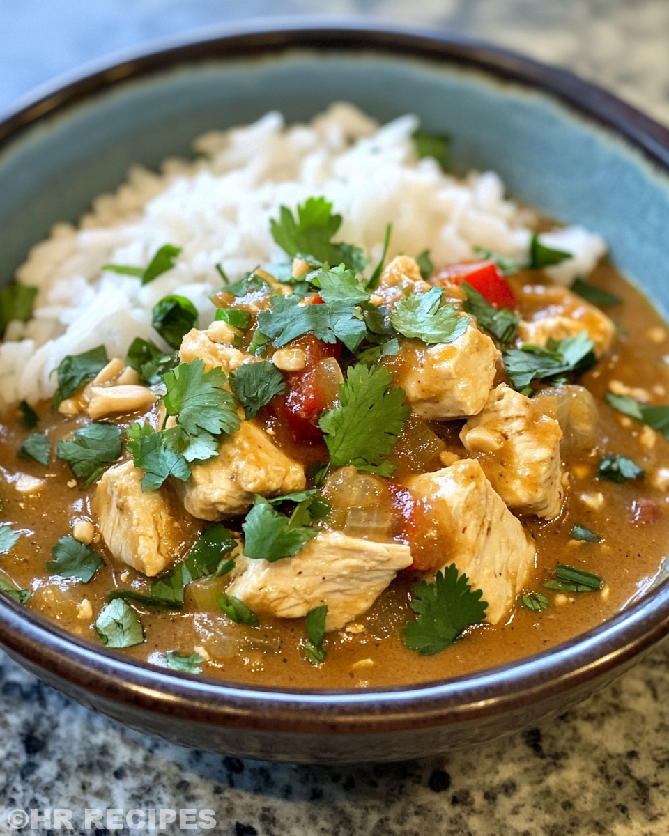 Pressure cooker with peanut chicken simmering and sealing ring locked