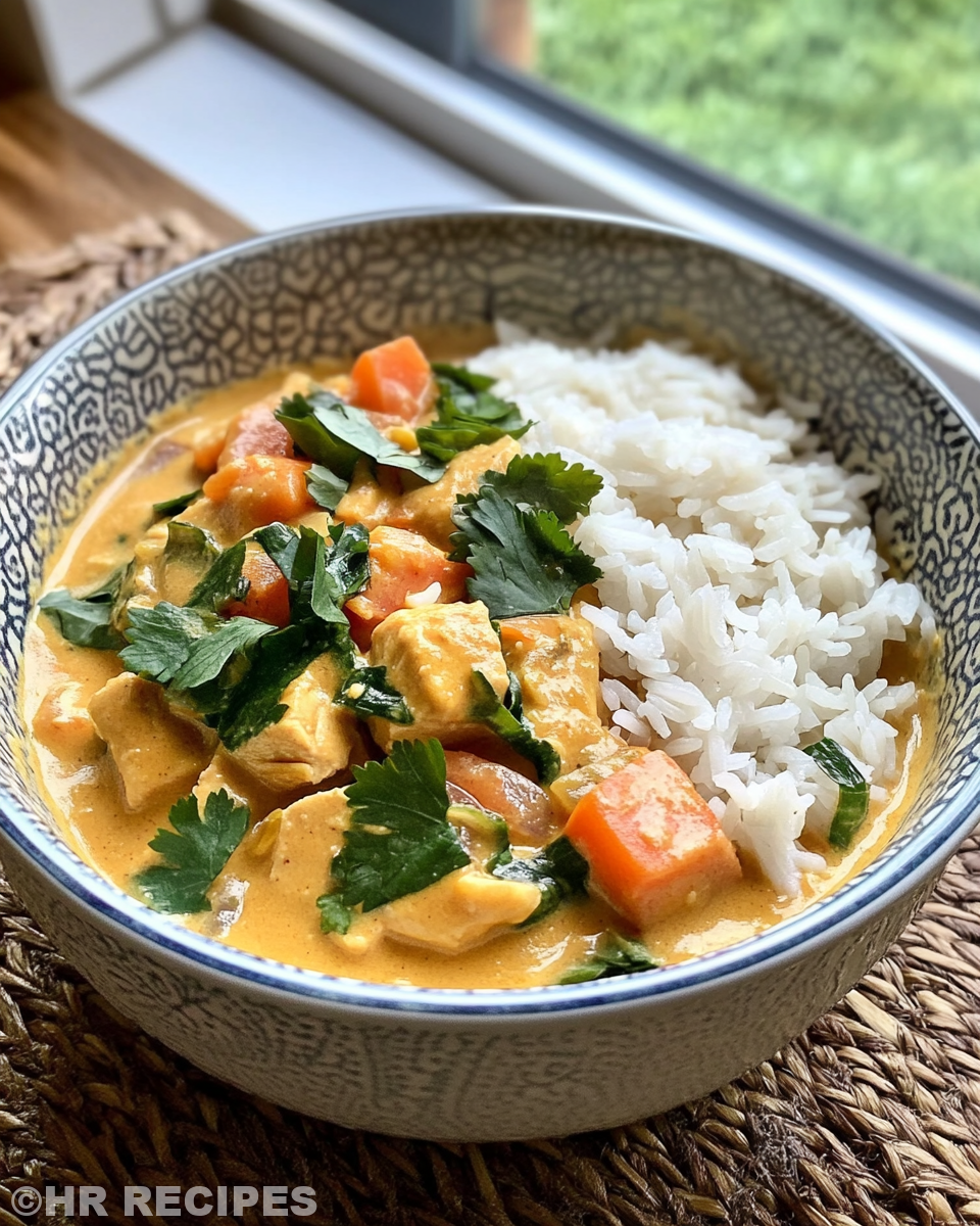 Served Thai peanut curry with rice and lime garnish
