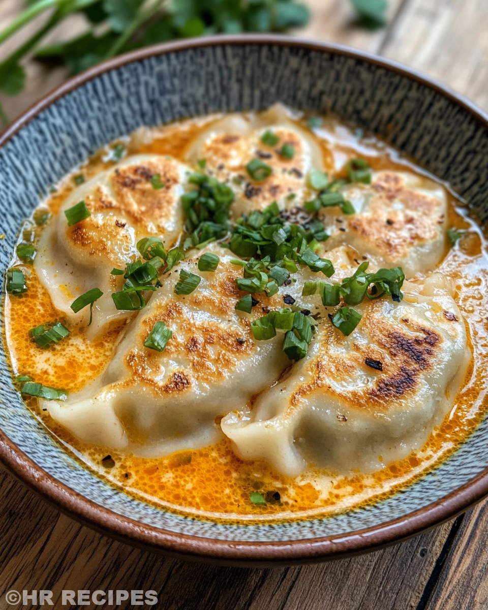 Bowl of finished Thai potsticker coconut soup garnished with cilantro and lime wedges
