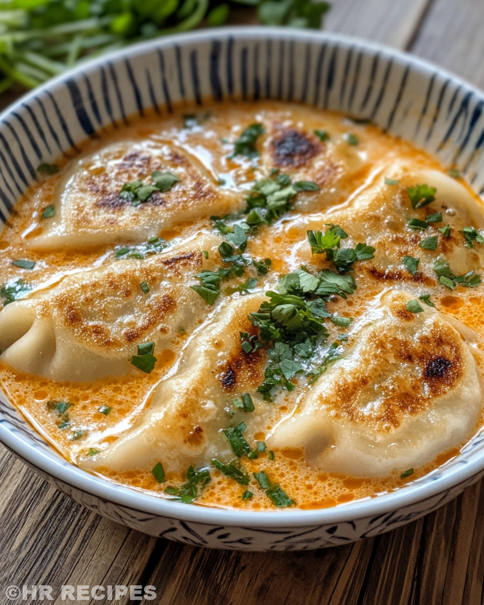 Thai potstickers simmering in creamy coconut broth inside pressure cooker