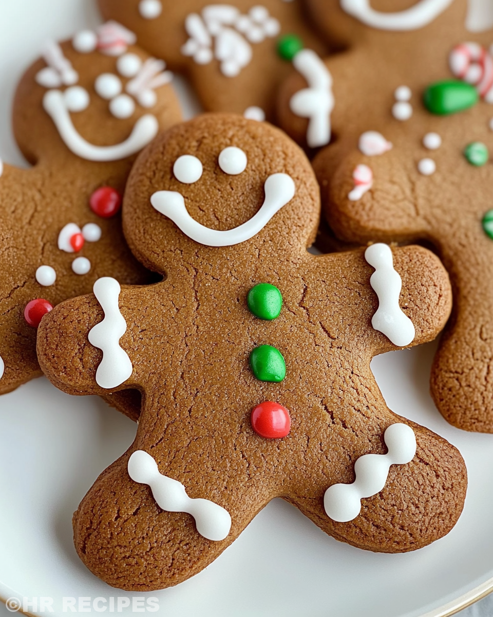 Finished soft and chewy gingerbread man cookies decorated for Christmas