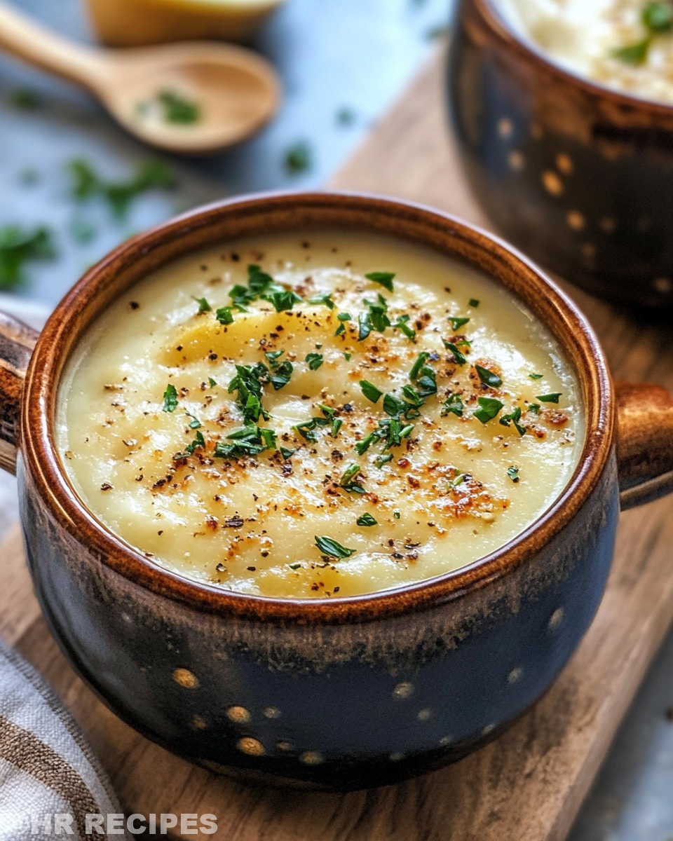 Finished creamy potato soup served in bowl topped with cheddar cheese and green onions