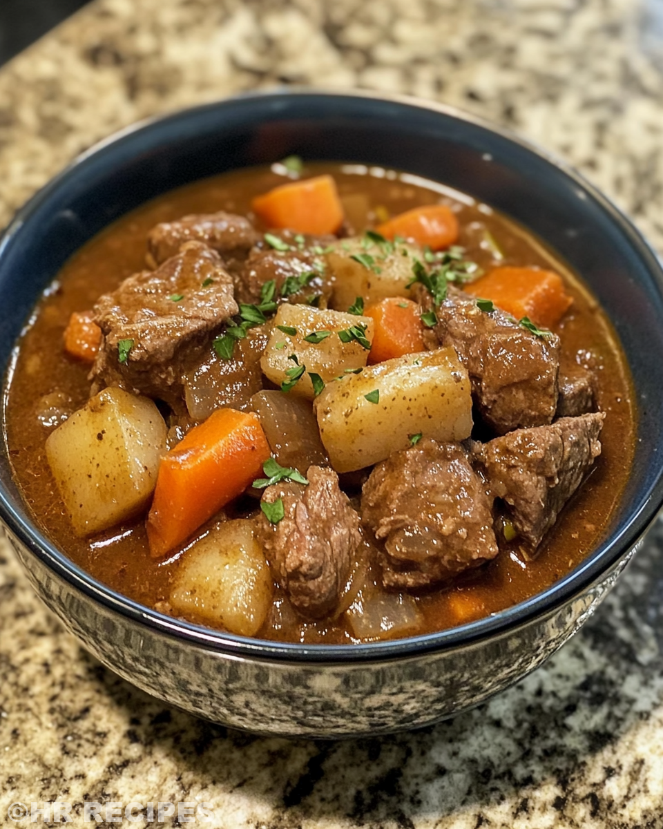 Browning beef in skillet for slow cooker stew preparation