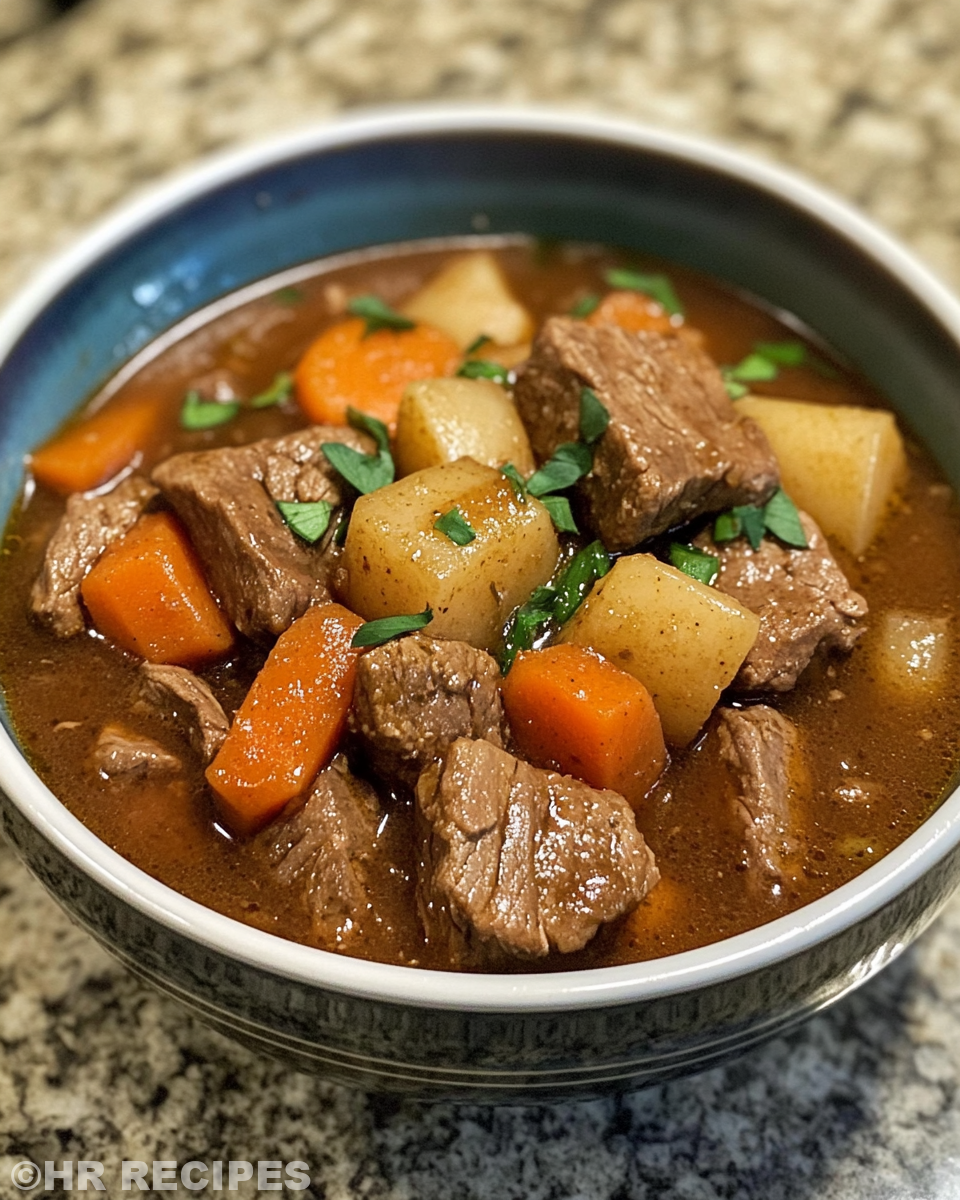 Hearty serving of slow cooker beef stew with vegetables and rich broth