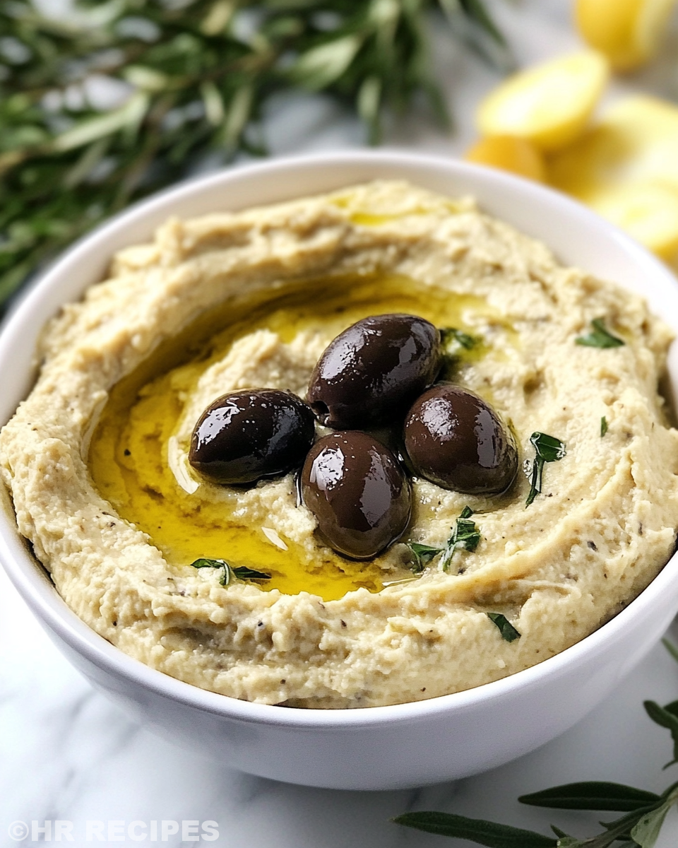 Ingredients for creamy olive dip in bowl