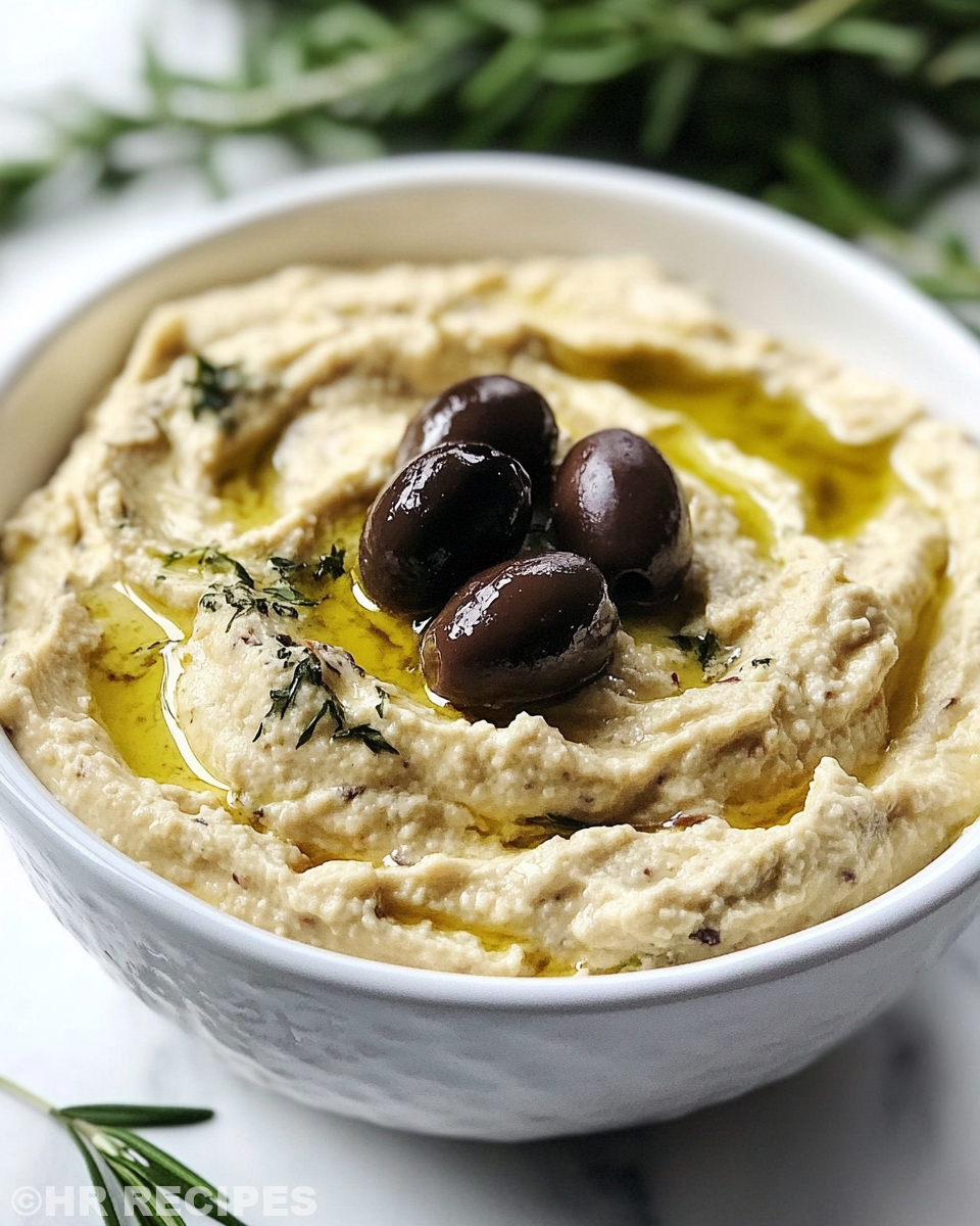 Creamy pressure cooker olive dip served in bowl with olive topping