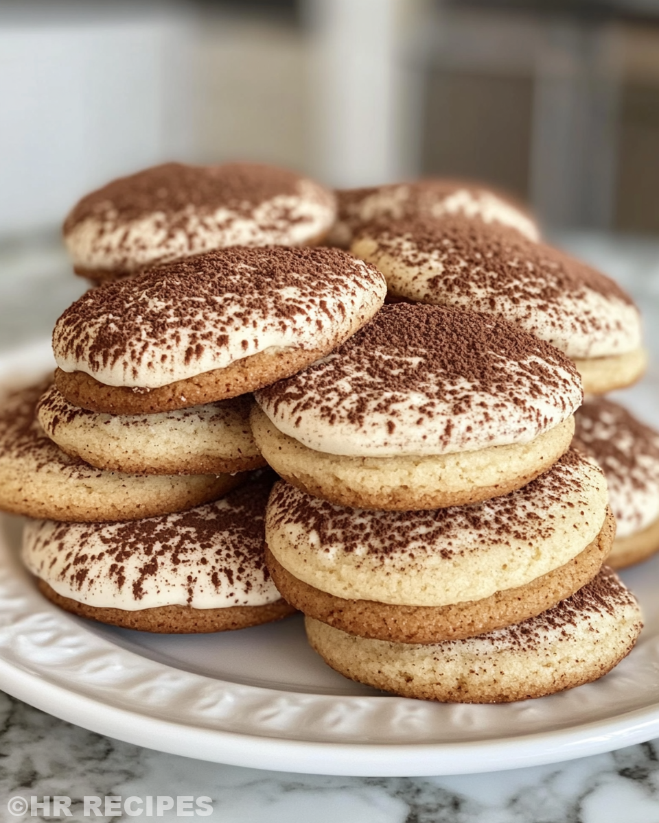 Finished tiramisu cookies dusted with cocoa powder ready to serve