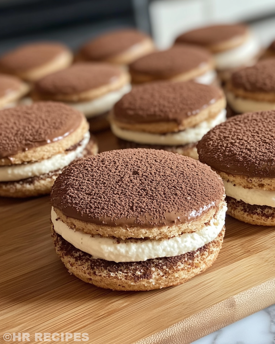 Finished tiramisu cookies dusted with cocoa powder on a plate