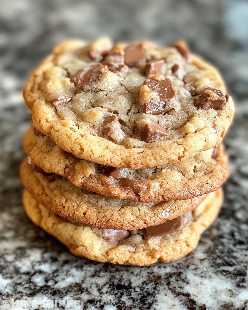 Finished browned butter toffee chocolate chip cookies ready to serve with flaky sea salt
