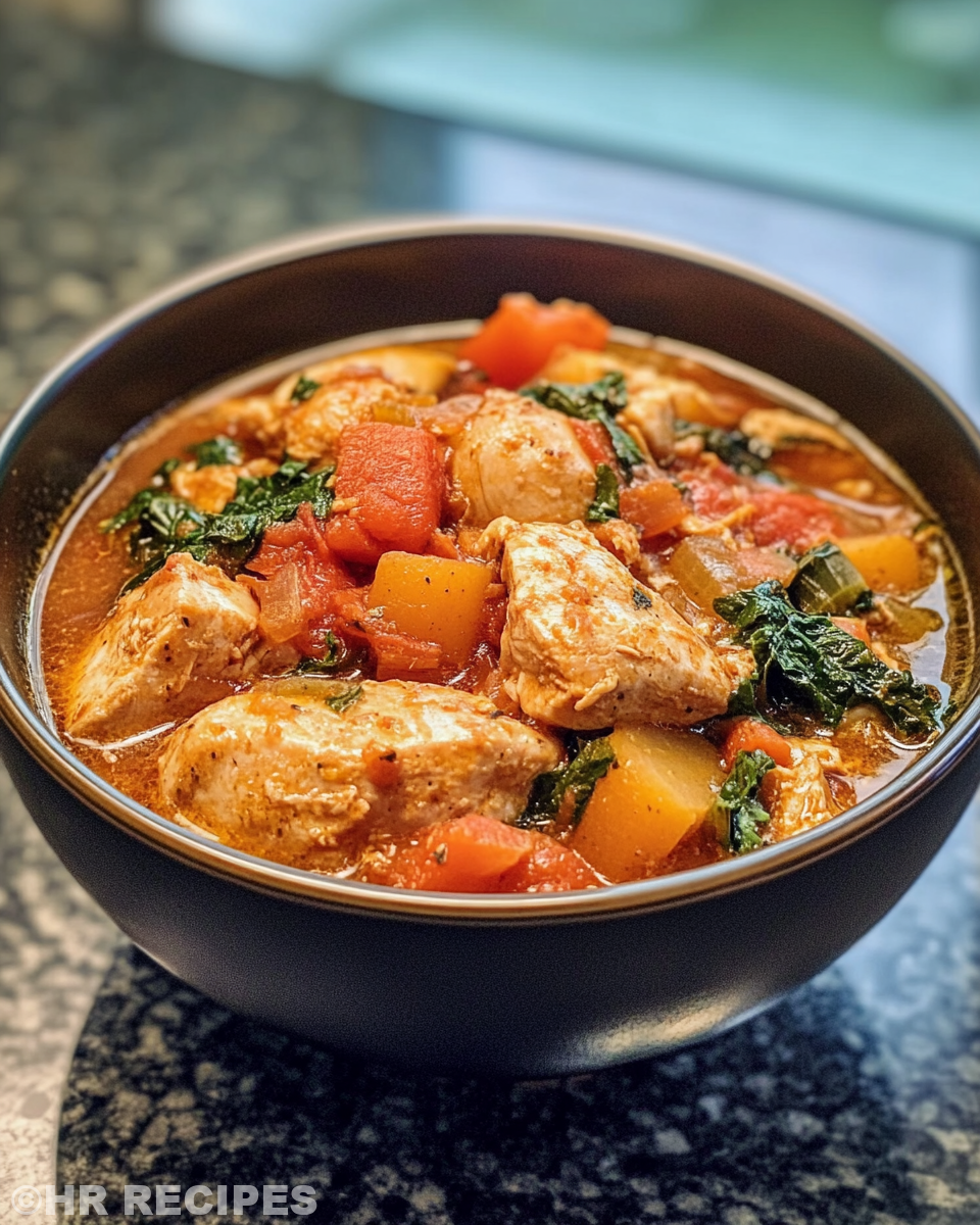 Finished Tuscan chicken stew served in bowl, topped with herbs