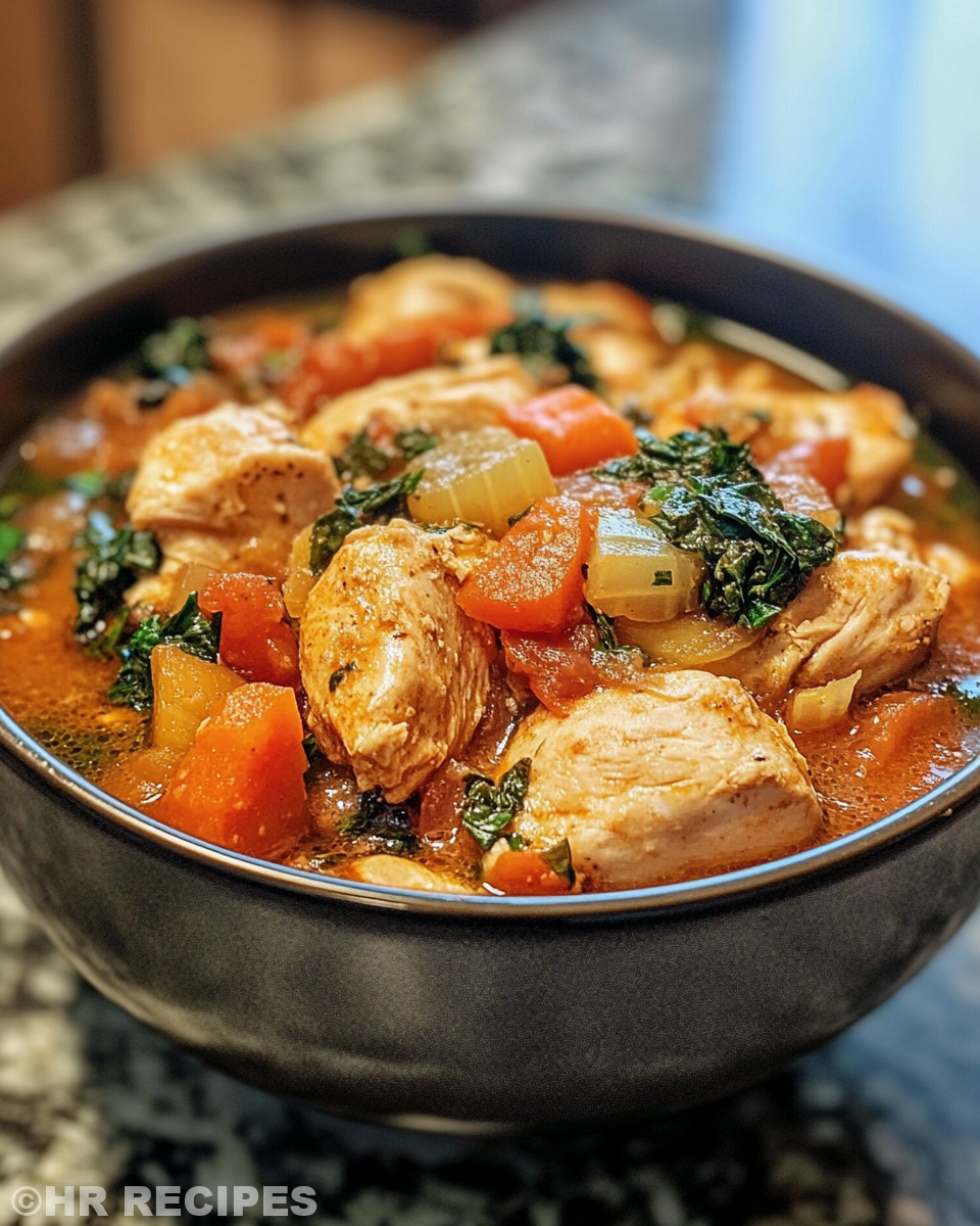 Tuscan chicken stew steaming in slow cooker, warm and inviting