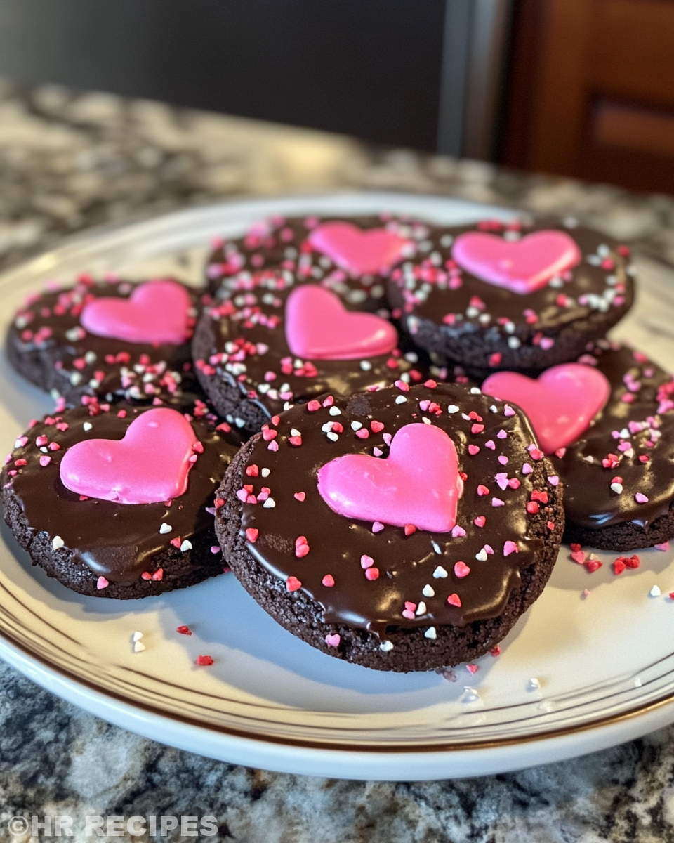 Finished heart-shaped chocolate cakes served with raspberry whipped cream