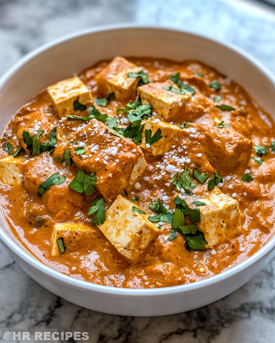 Serving bowl of creamy tofu tikka masala with cilantro garnish and rice