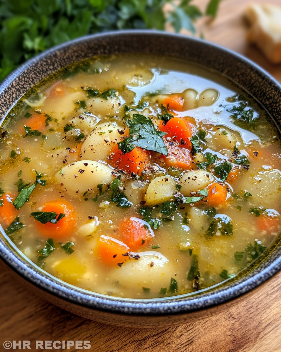 Bowl of finished vegetable soup served fresh from pressure cooker