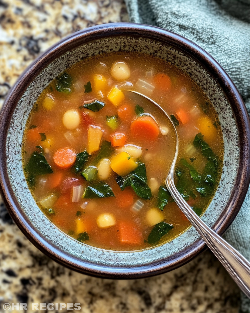 Serving of finished vegetable soup ready to eat