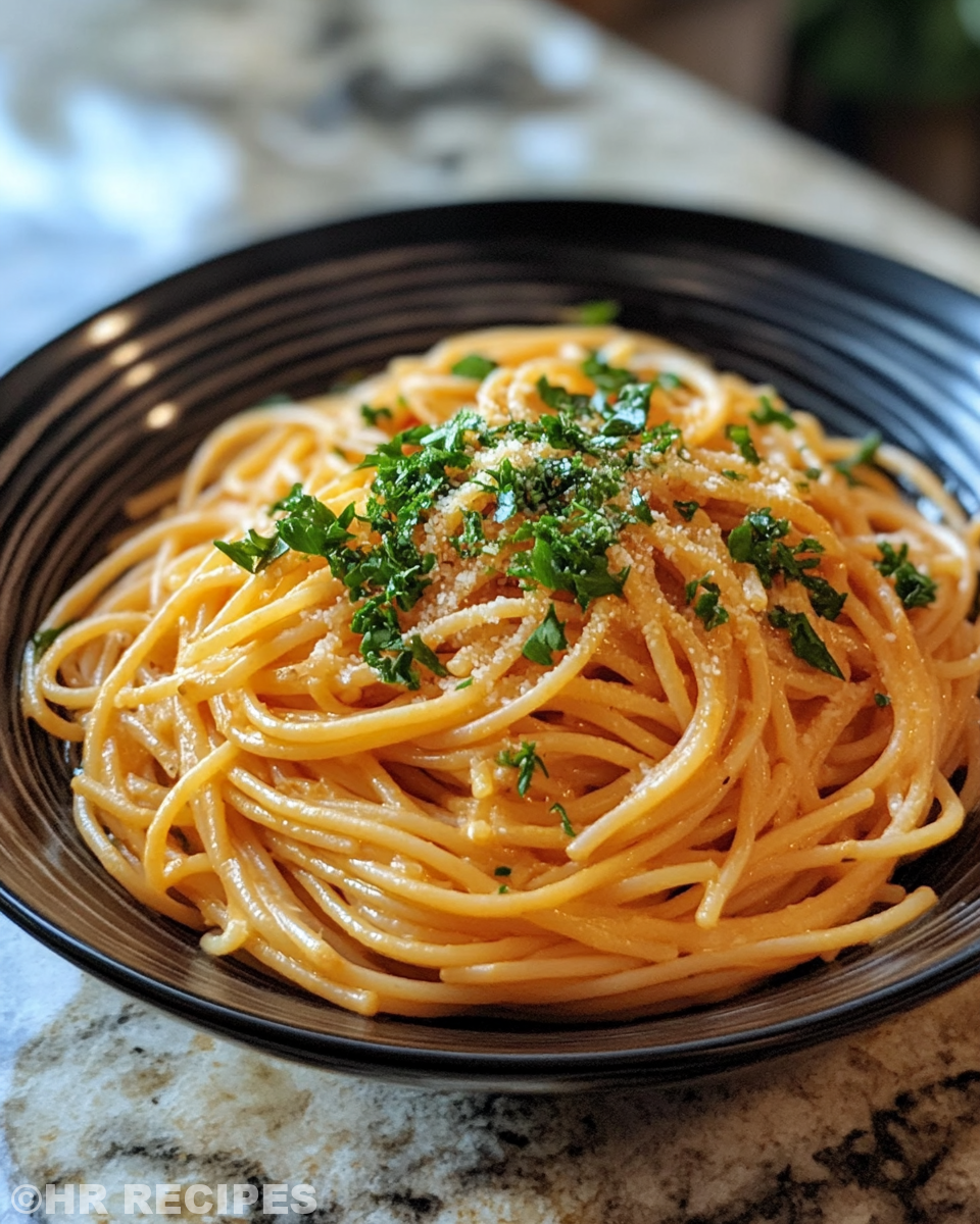 Serving of creamy tomato and garlic pasta on plate