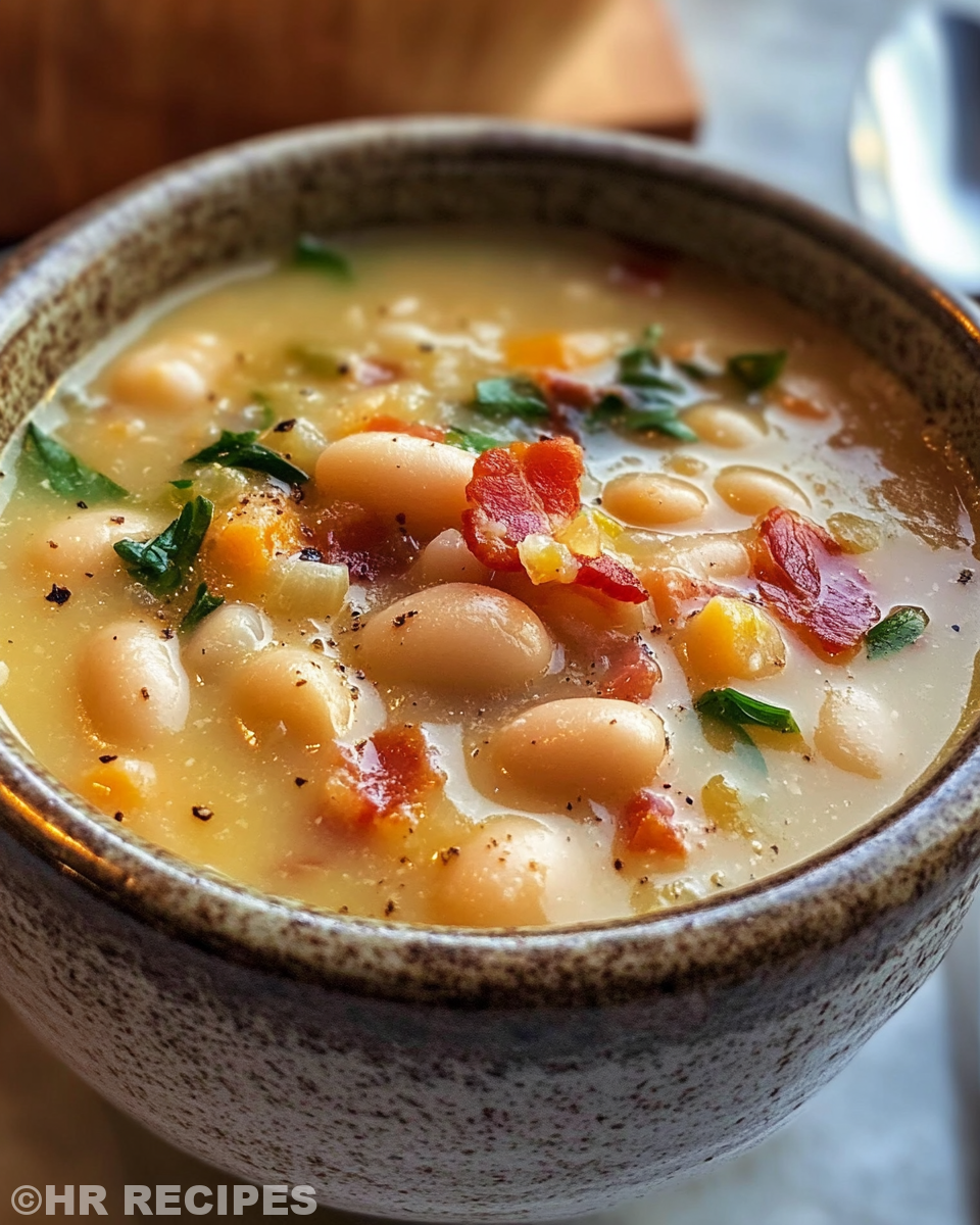 Ingredients for white bean soup with bacon arranged