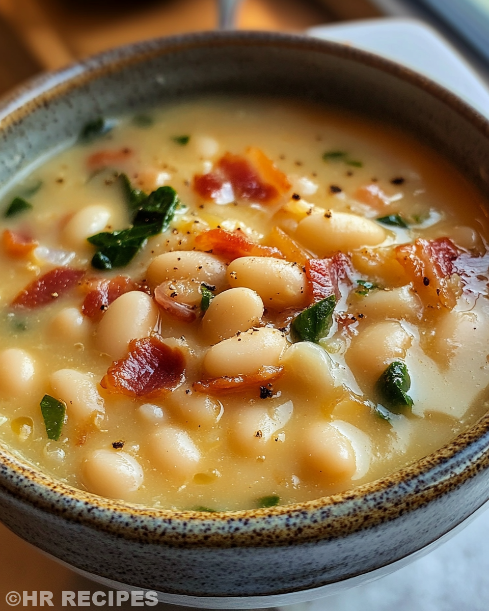 Bowl of white bean soup with bacon garnish