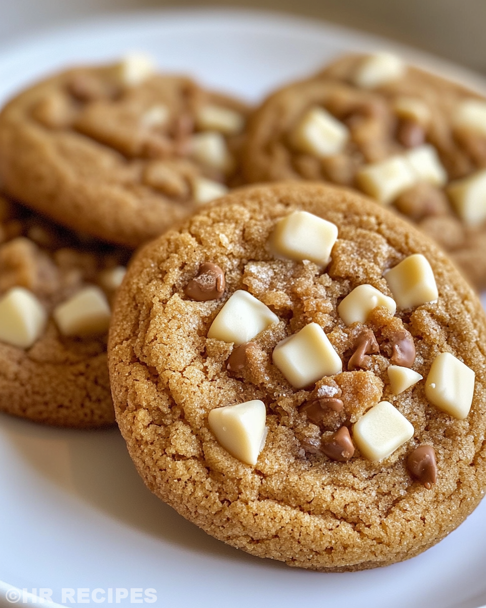Final golden baked white chocolate Biscoff cookie arranged on cooling rack