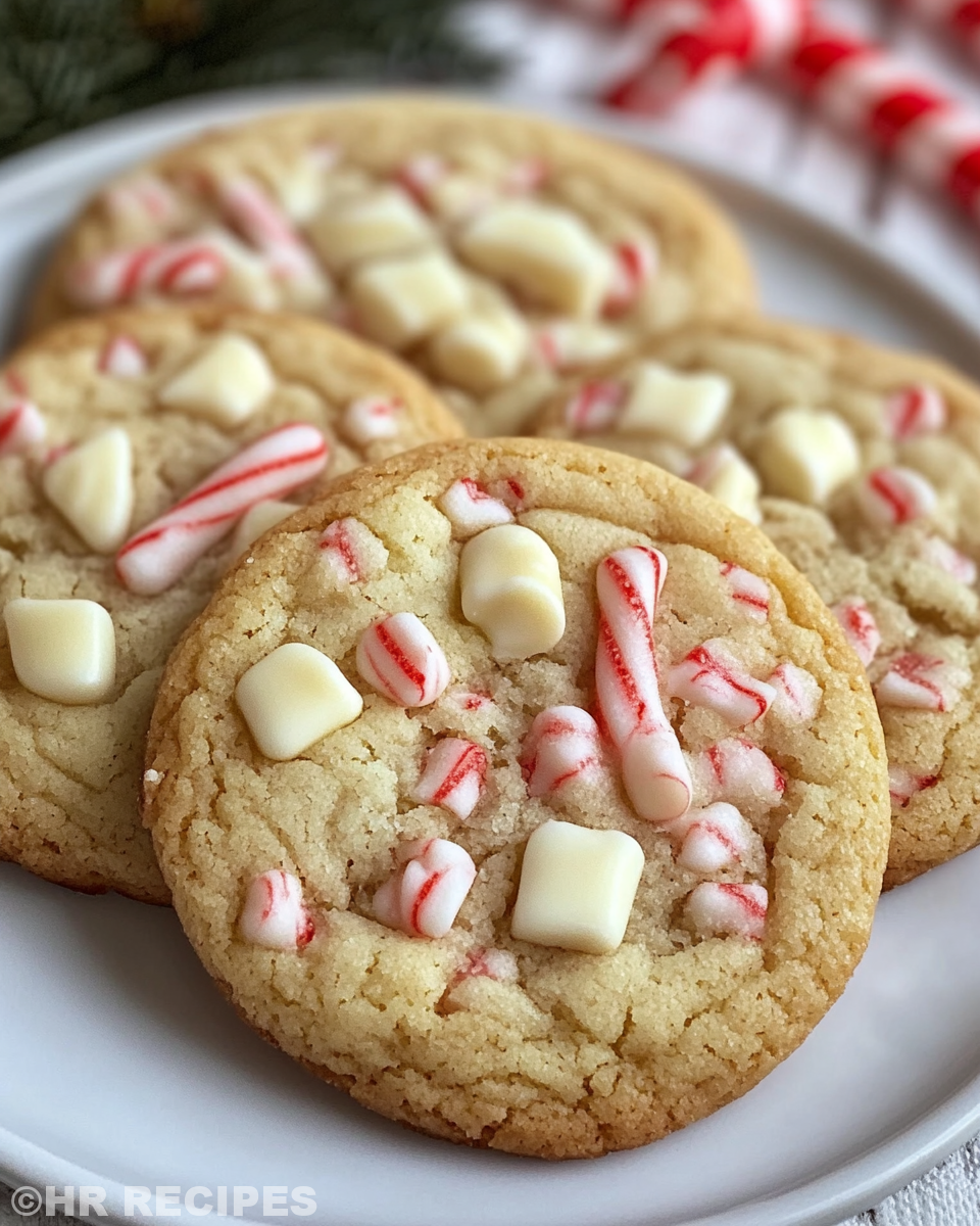 Finished white chocolate candy cane cookies on cooling rack