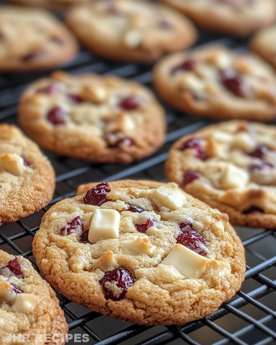 Perfectly baked white chocolate cranberry cookies cooling on rack