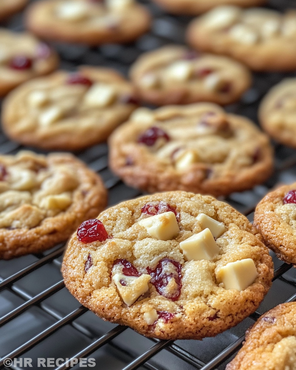 Freshly baked white chocolate cranberry cookies with tender pull texture