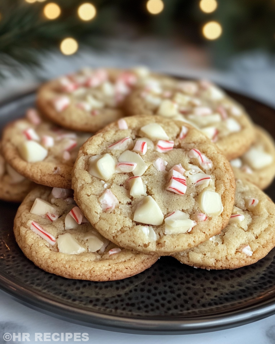 Finished peppermint white chocolate cookies served on a festive plate