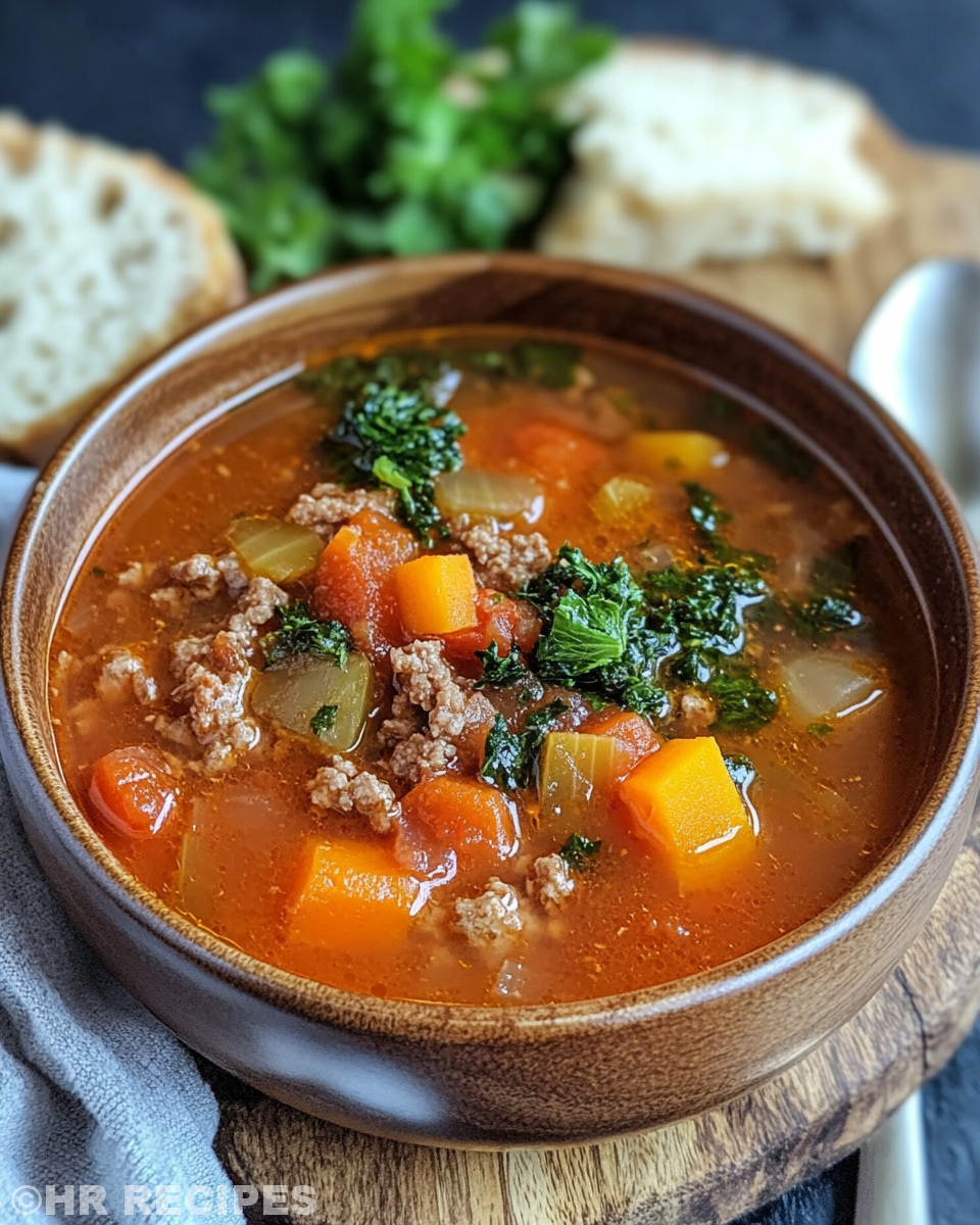 Bowl of finished winter soup with fresh parsley garnish