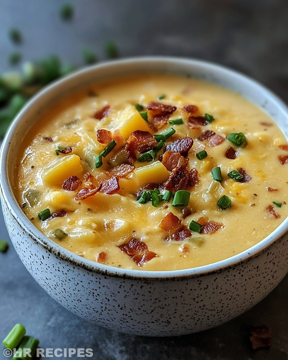 Bowl of finished creamy beer cheese soup garnished with popcorn and bacon
