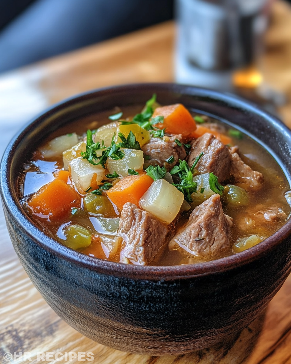 Ready to serve delicious Witches Brew Stew in a bowl garnished with fresh herbs