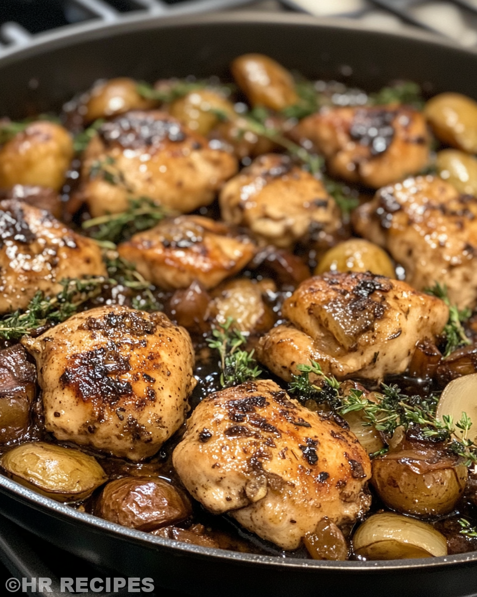 Balsamic chicken cooking in a pressure cooker with herbs and garlic