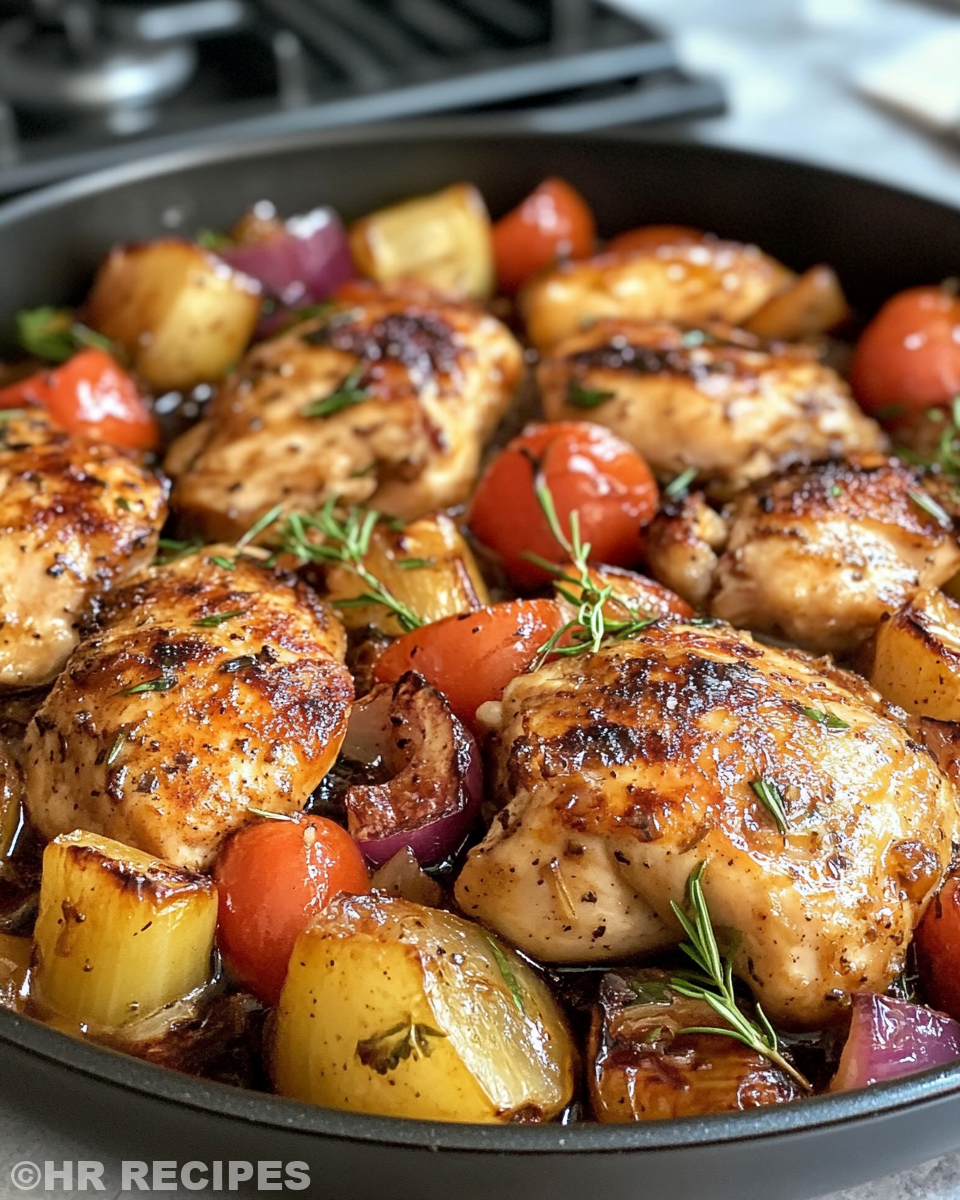 Balsamic chicken cooking in pan with tomatoes and mozzarella